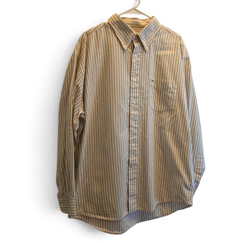 Vintage Y2K Tommy Hilfiger Long Sleeve Brown Striped Button Down Shirt Men's XL